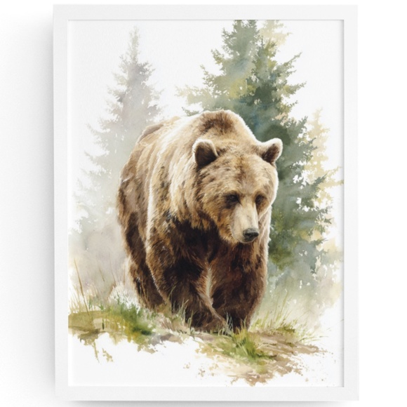Creative Path Studios Other - Watercolor Brown Bear Forest Wall Art Print, Unframed Misty Grizzly Illustration